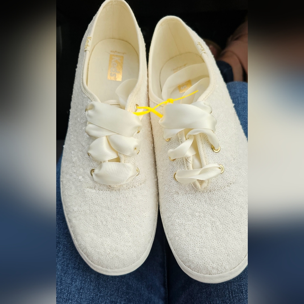 Keds Ivory Sequin Ribbon Lace-Up Sneakers